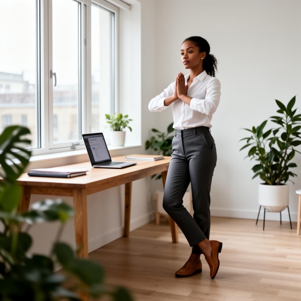 Employee taking a mindful movement break in a bright home office